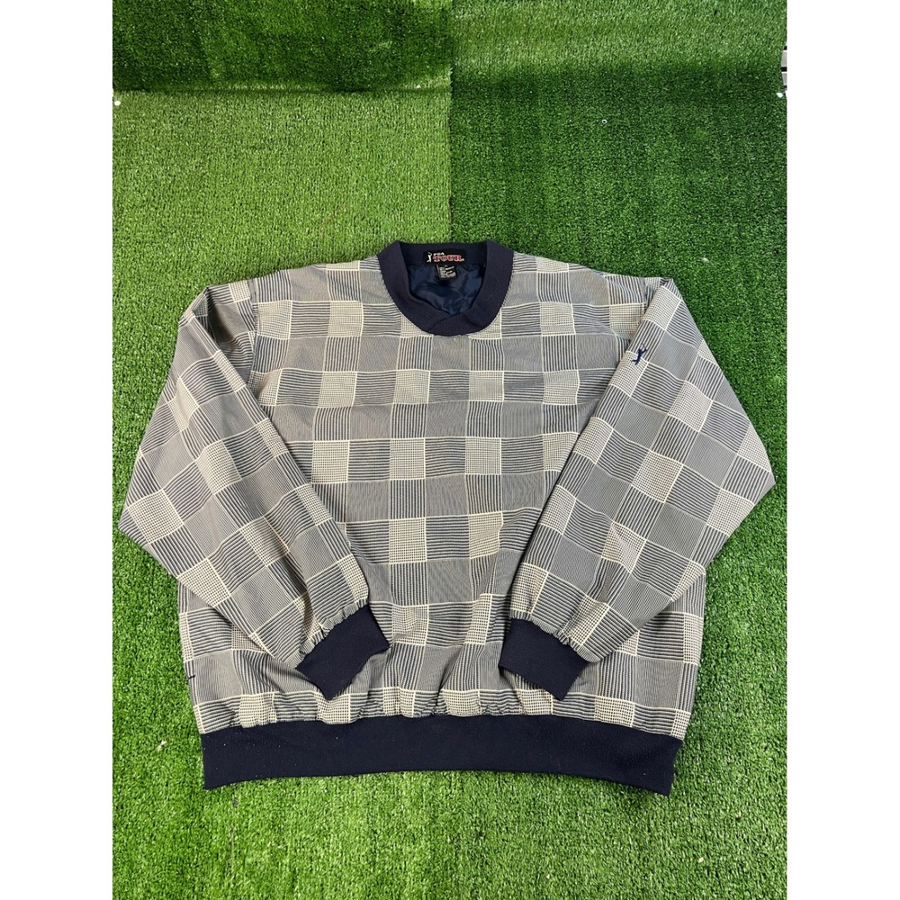 PGA Tour Mens XL‎ V-Neck Golf Windshirt Navy Blue Checkered Pullover Jacket